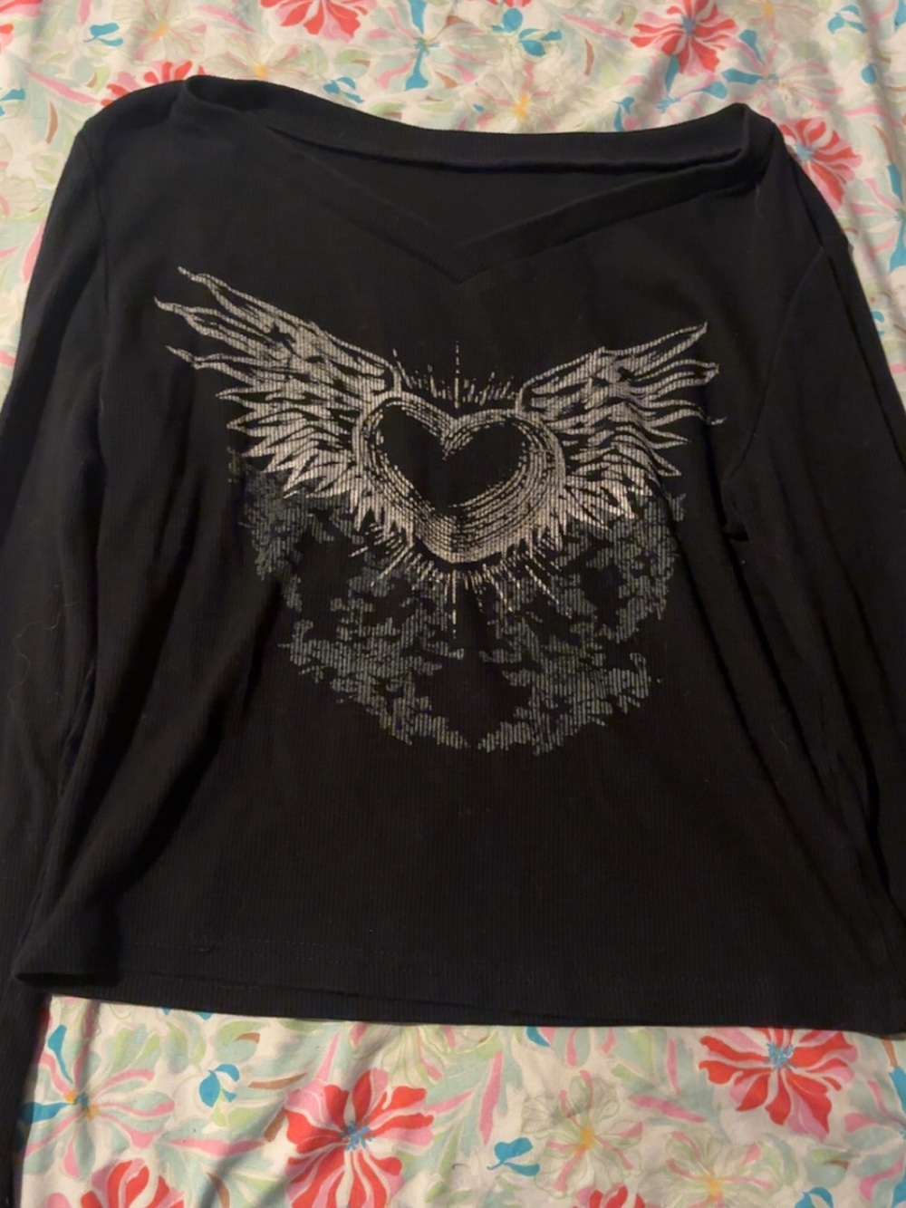 Women's Black Long-Sleeve Graphic Top with Silver Winged Heart
